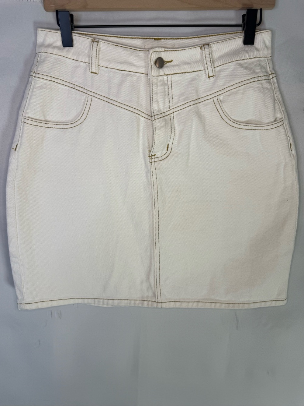 bohme- 100% Cotton Classic White Denim Mini Skirt with Tan Stitching - Size M